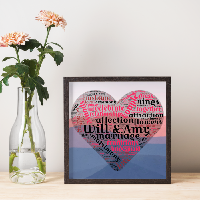 Heart-shaped word cloud art in a frame.