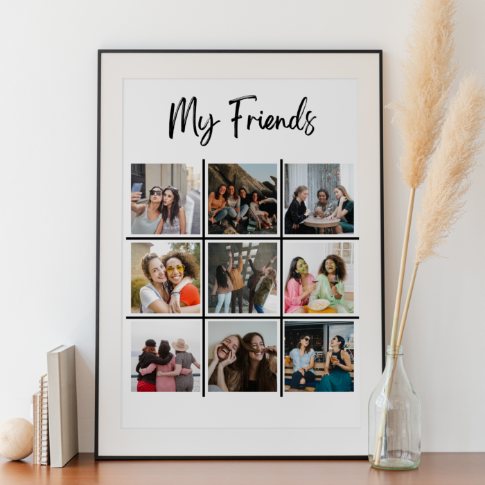 Framed picture grid featuring a lady and her friends