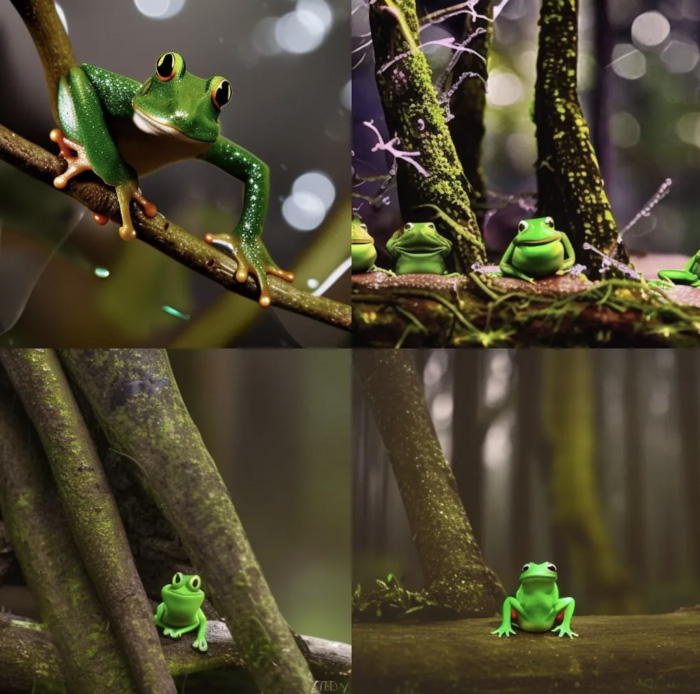 AI-generated art: frogs in a rainy forest in the day