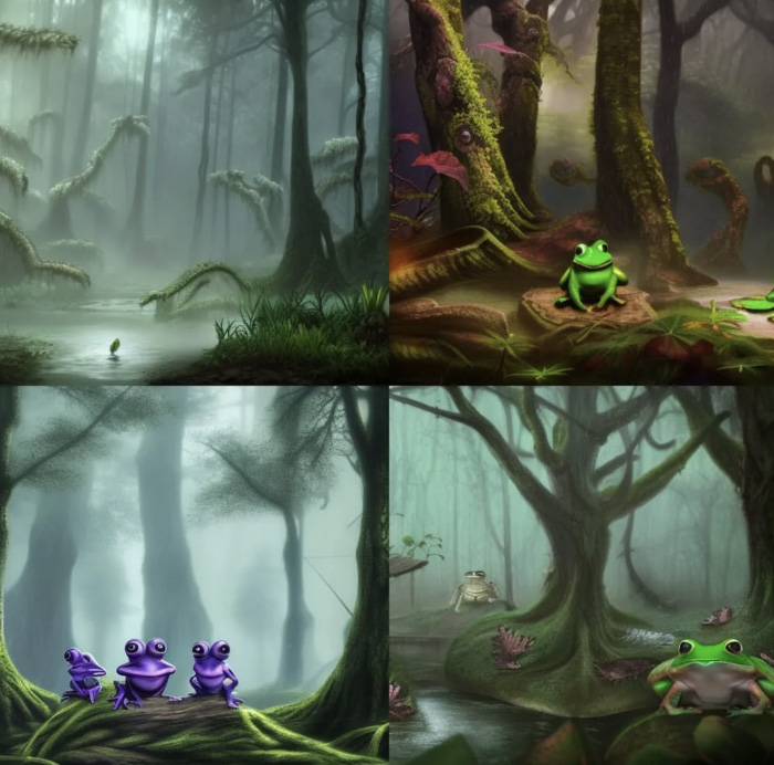 AI-generated art: frogs in a rainy forest at night
