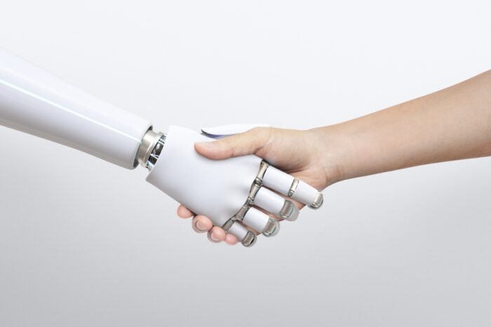 Robot handshake human background, artificial intelligence digital transformation