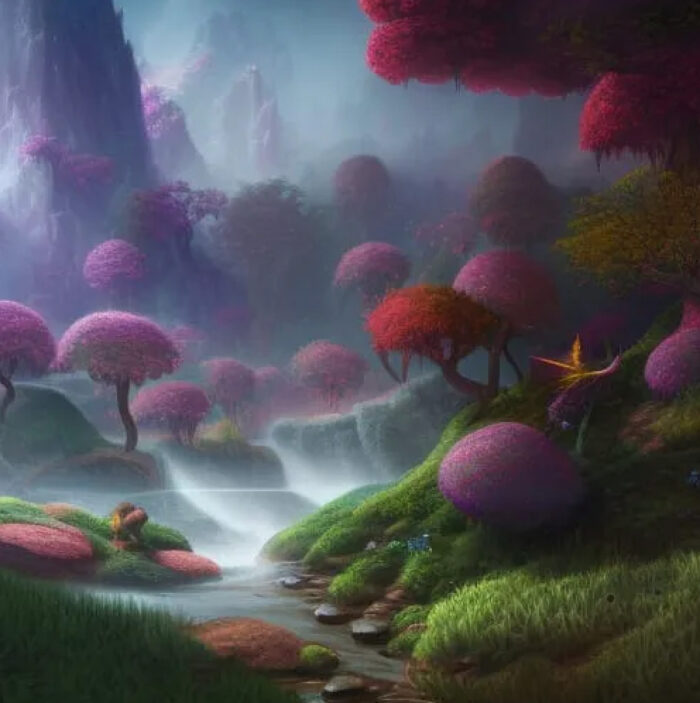 AI-generated art: A misty Ai-painting of a fairytale forest. 
