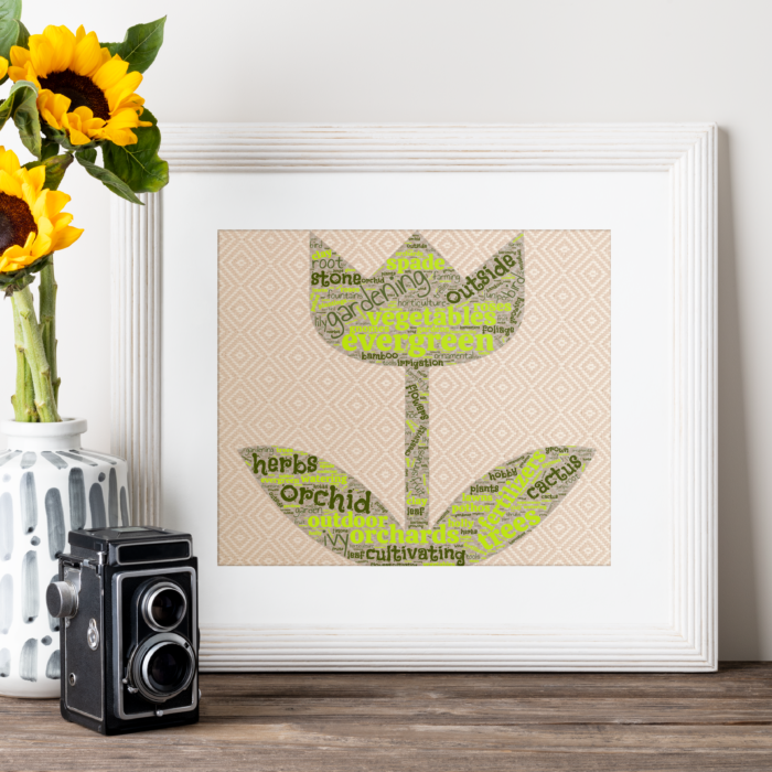 Framed flower shaped word cloud art