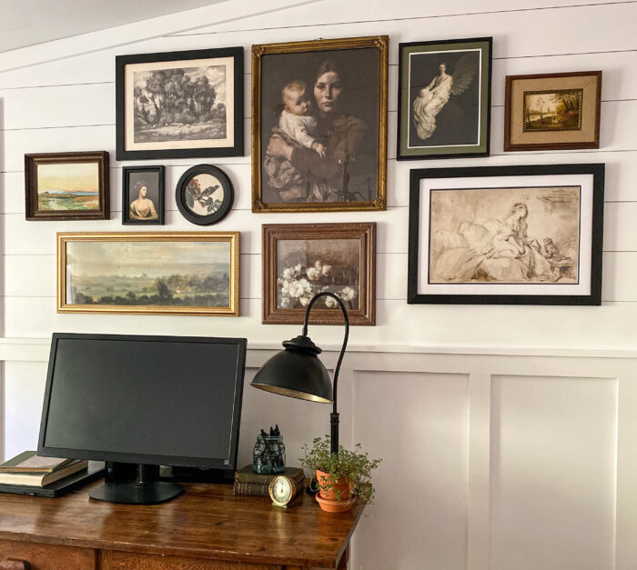 Desk with vintage gallery wall
