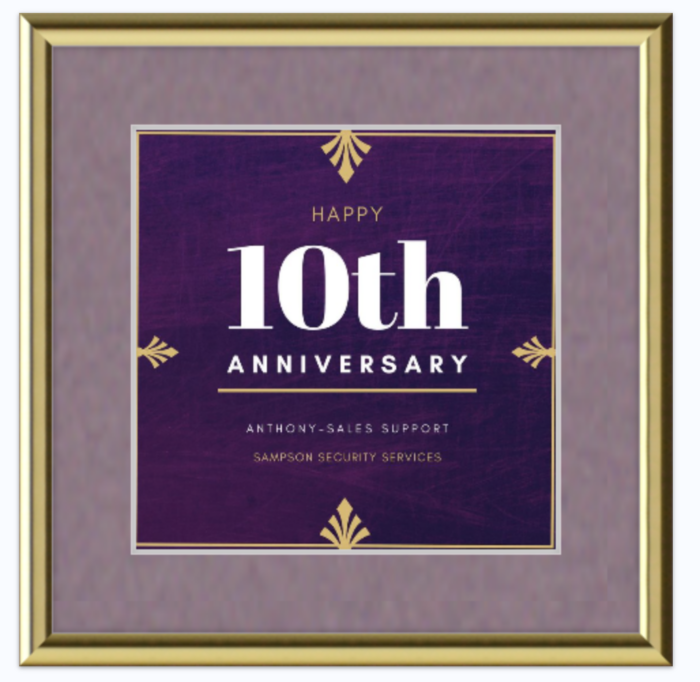 Framed 10 year work anniversary certificate