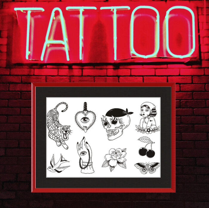 Terrific Tattoo Shop Decor & Framing For Flash Art: Misc. flash sheet in Ashford frame in Red.