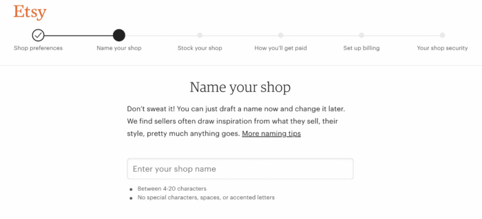 Etsy shop naming page