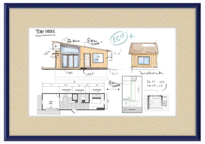 Framed blueprints of a tiny home