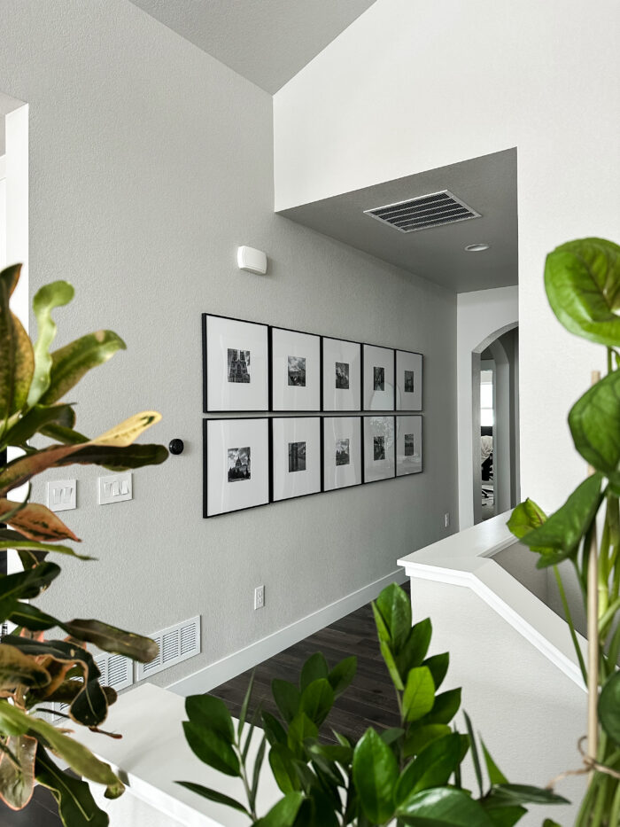 Picture Frame Arrangements: Living room hallway with double horizontal rows  of frames