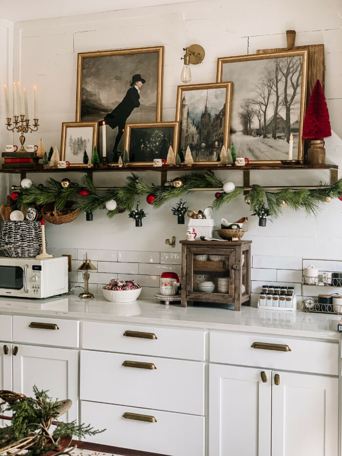 Picture Frame Arrangements: A kitchen bar with floating shelf of frames