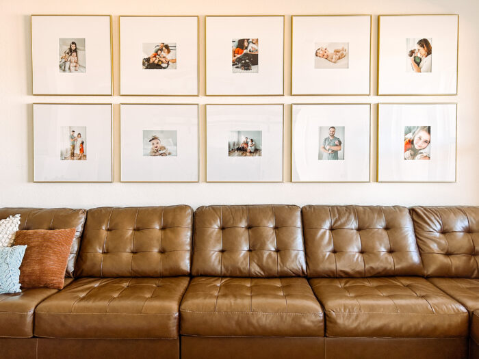 Framing Materials Matter: Grid-style gallery wall above a living room couch. 