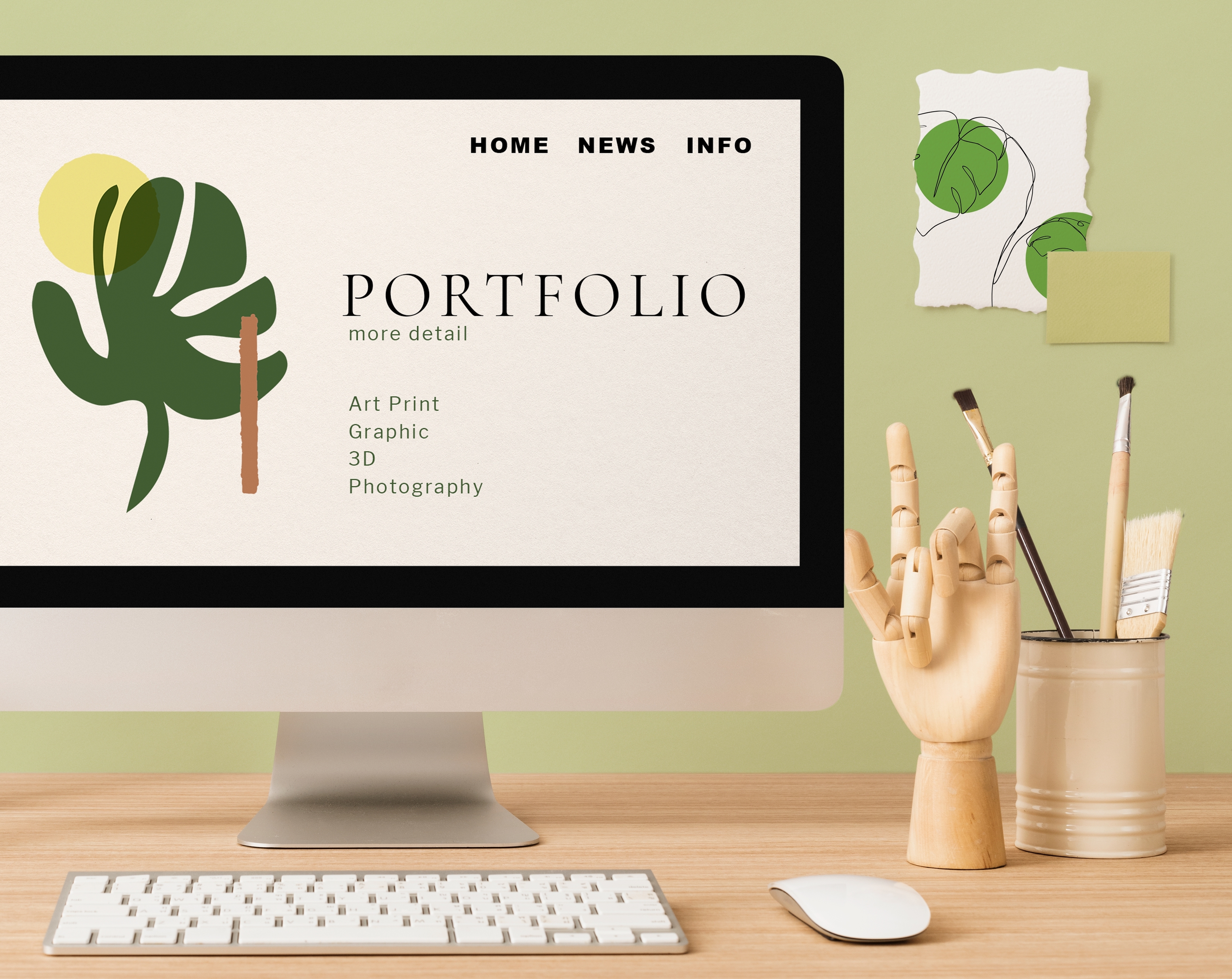A computer displaying an art portfolio website 