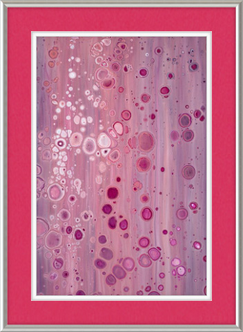 A pink paint pouring art work framed with a double matting.