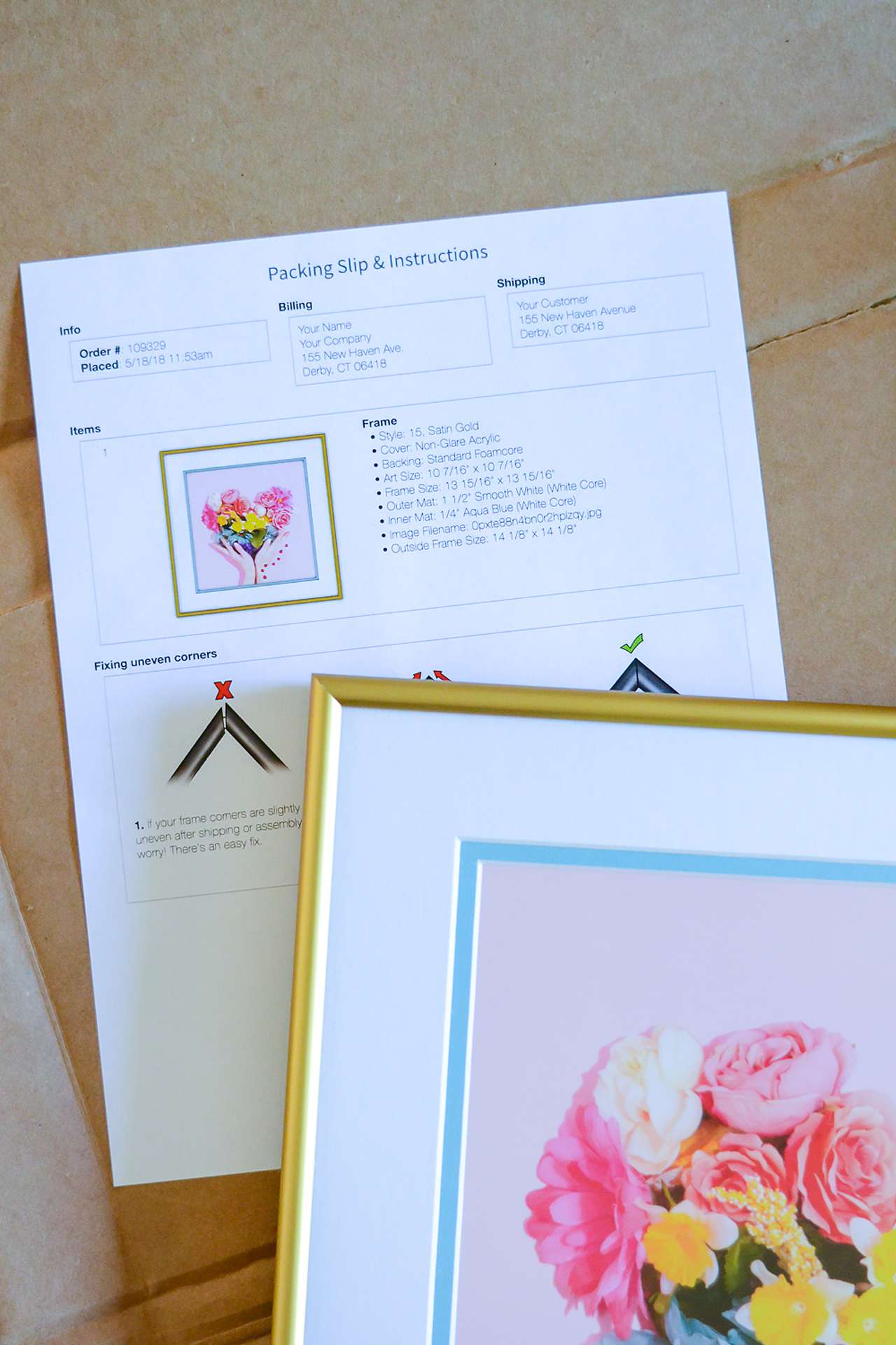 Creating A Frame It Easy Customer Account: An example of a white label custom packing slip branding