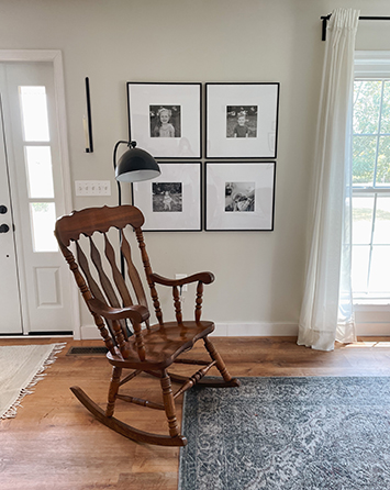 a 2x2 grid wall of family photos by a rocking chair
