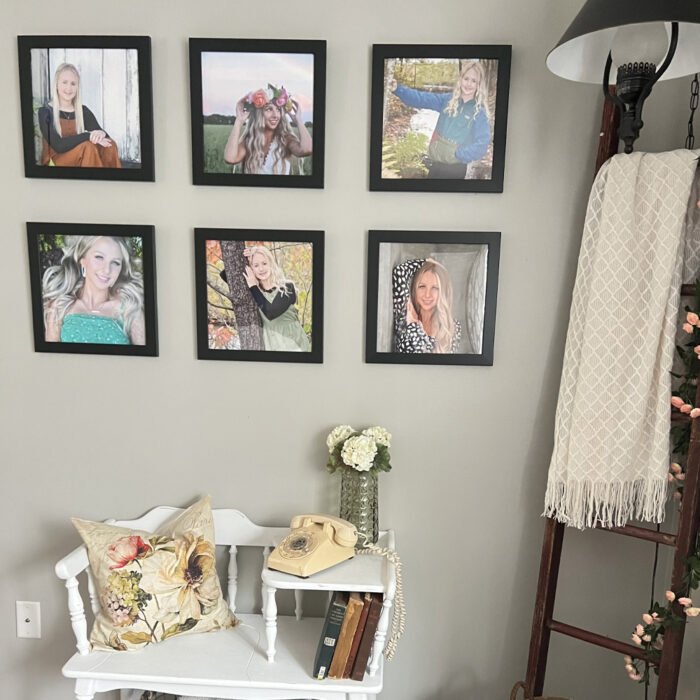 A 2x3 grid gallery wall featuring black frames