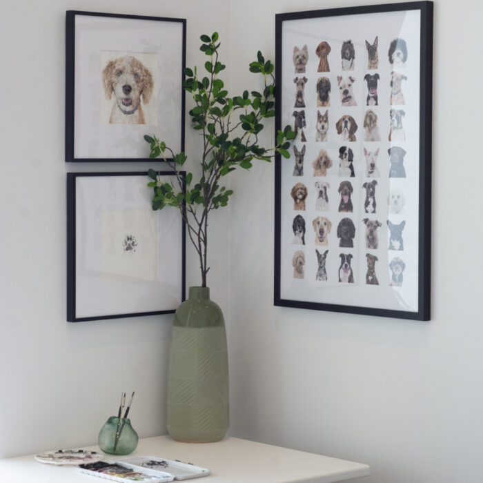 Frames for Artwork: Pet art framed and hung above a desk.