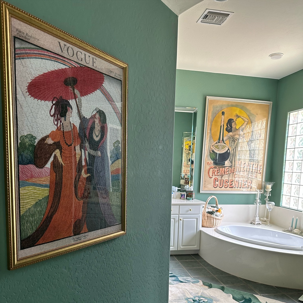 Bathroom Wall Decor Ideas: An Eccentric / Maximalist style bathroom with large framed vintage art.