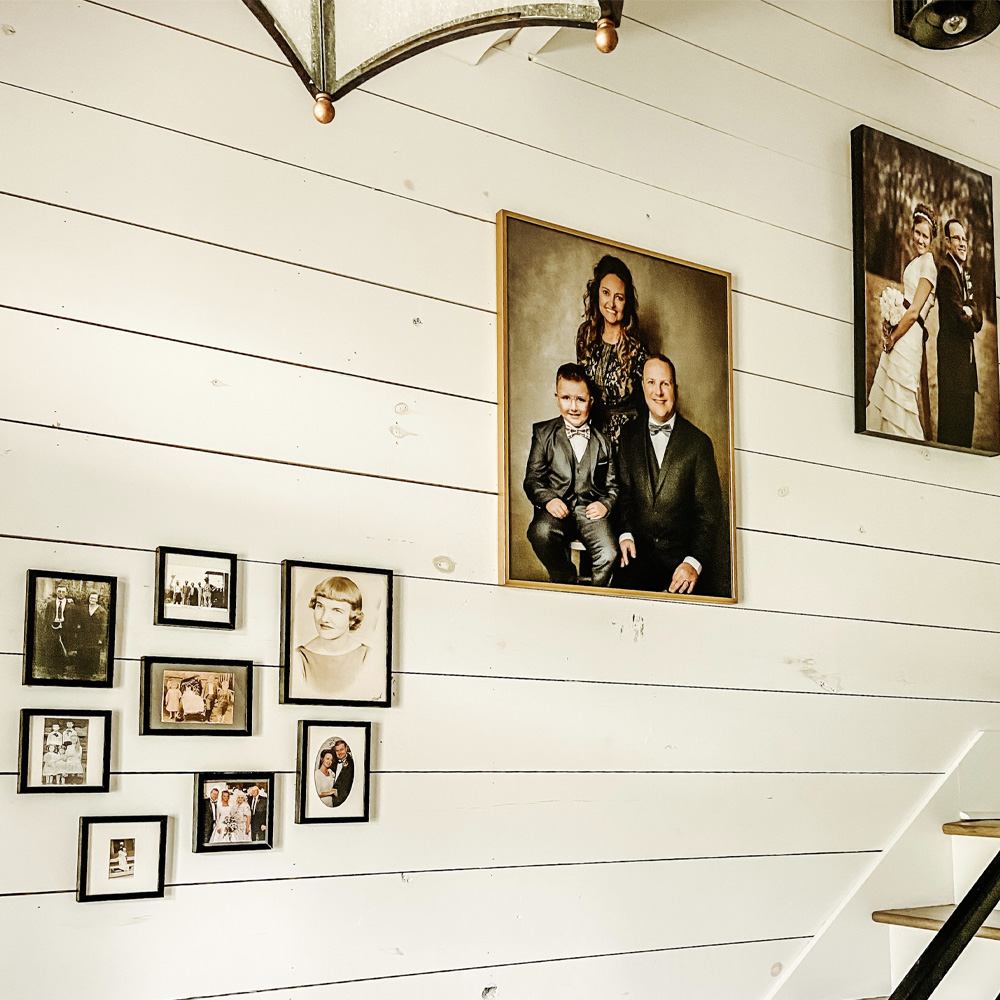 Family Picture Ideas: A vintage style family gallery wall over stairs.