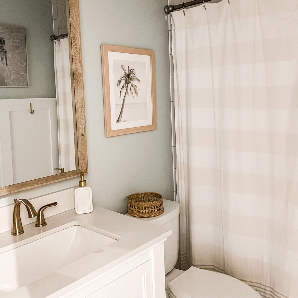 Bathroom Wall Decor Ideas: A Southern Chic style bathroom with a framed palm tree print