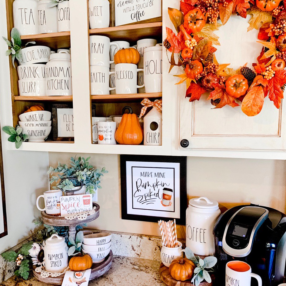 Custom Framing: A coffee bar with framed fall art.