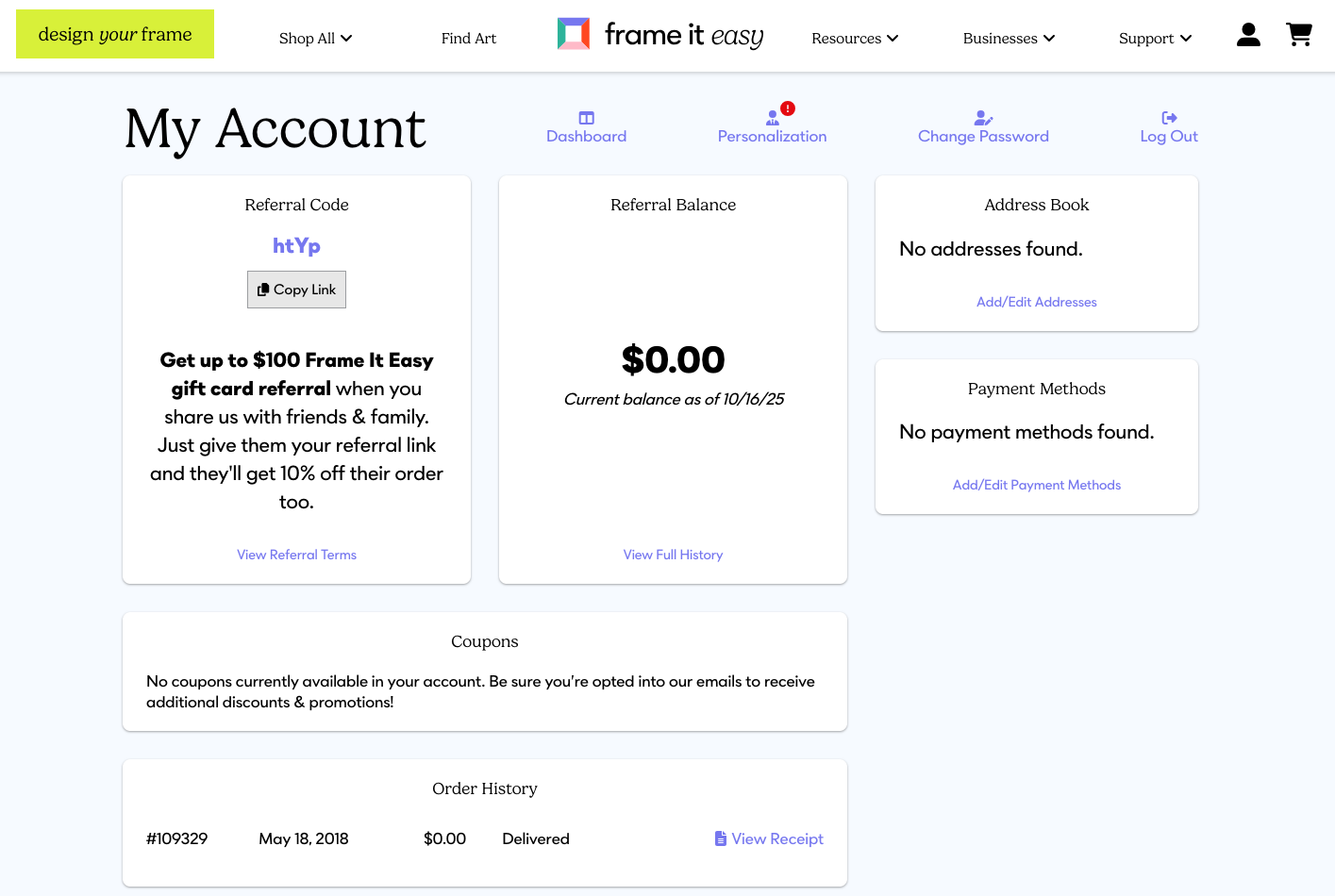 All About The Frame It Easy Account Experience 2 Frame It Easy personal account dashboard