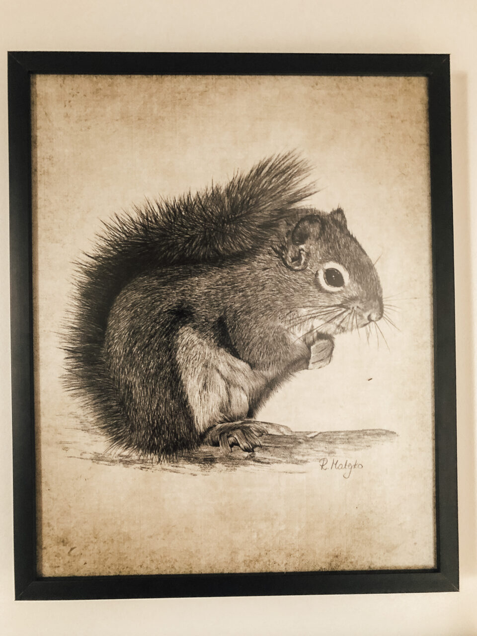 black picture frame with a sketch of a squirrel 