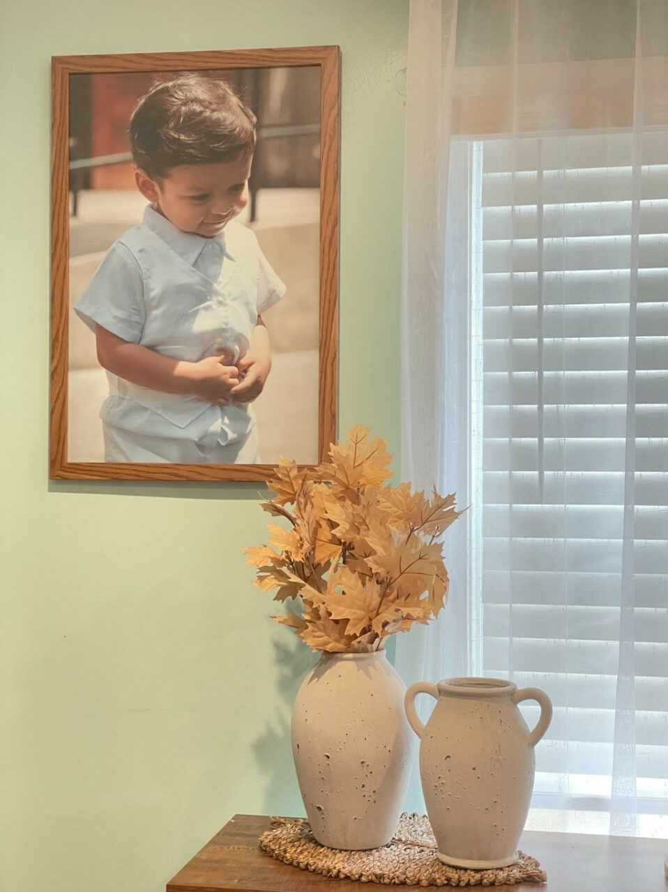 family photo in a wood picture frame