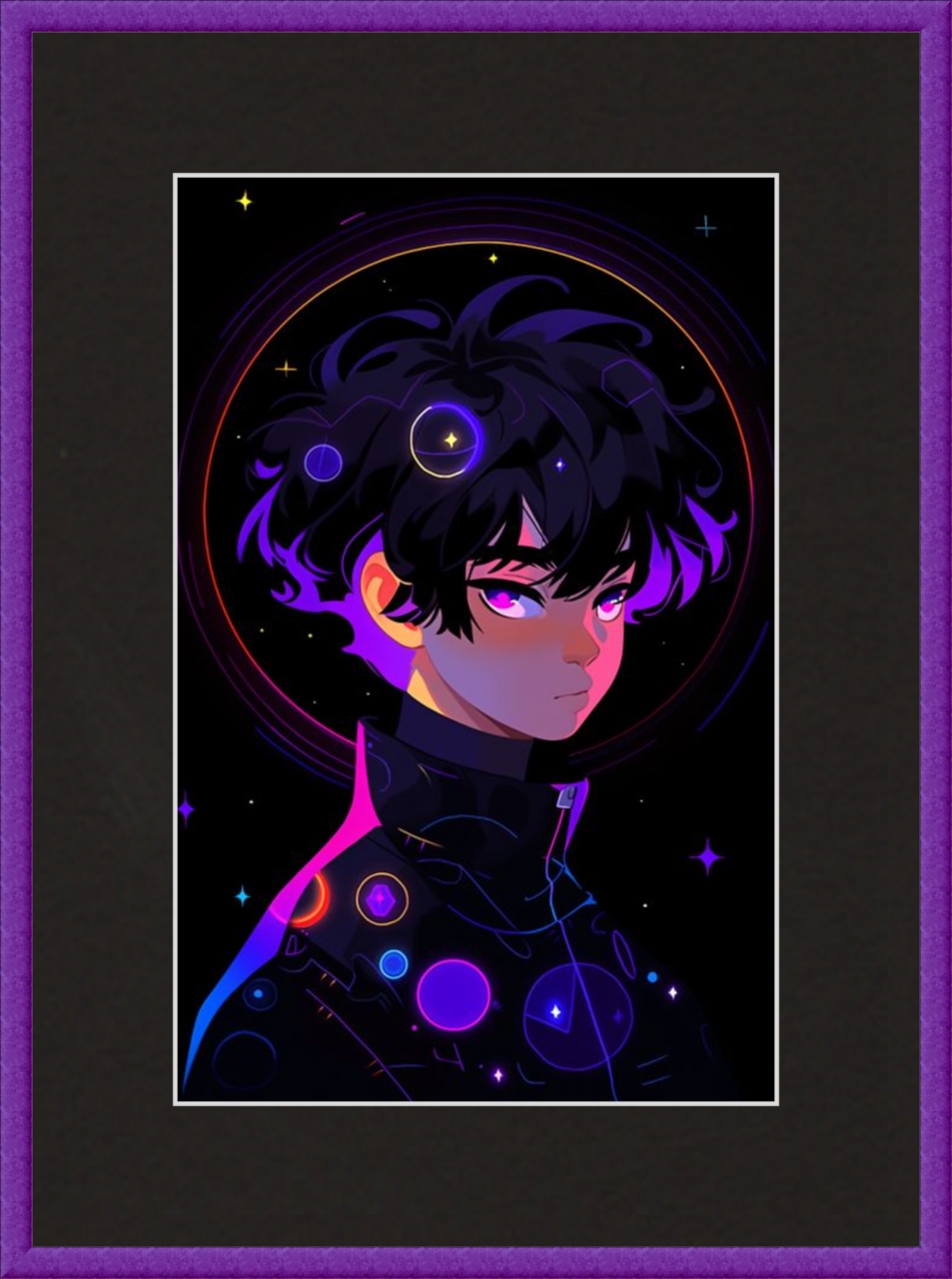 anime art print with bright purple picture frame